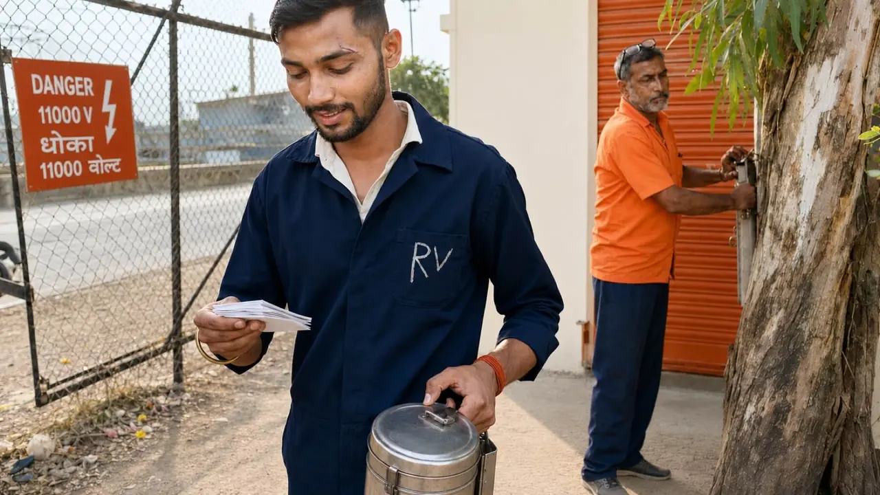 A worker pauses at a factory gate, tiffin in hand, reading vocabulary flashcards