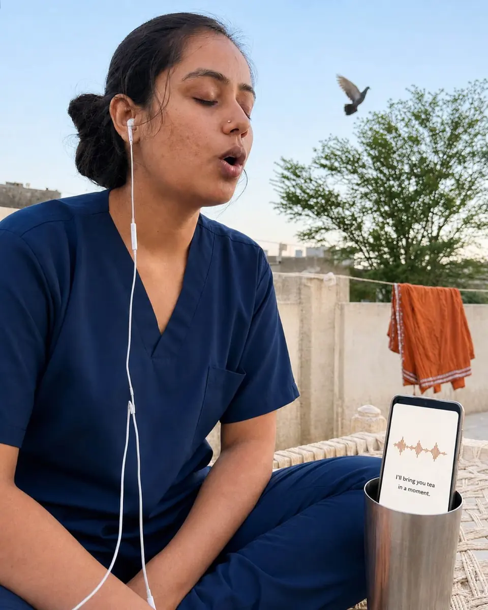 A learner practises a spoken lesson through earphones, phone propped up on a rooftop