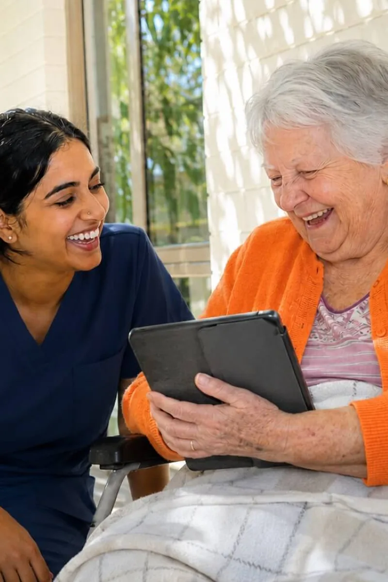 A caregiver in scrubs sits beside an elderly woman in a wheelchair; they are looking at a tablet together