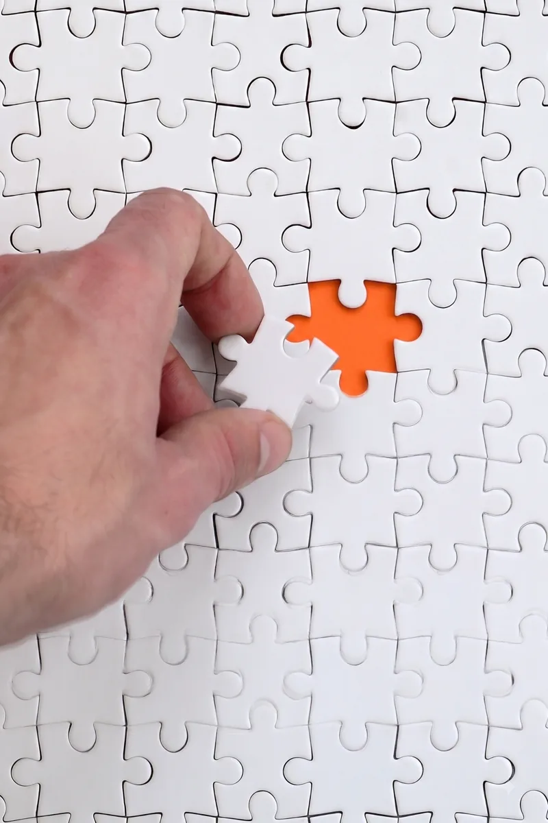 An illustration: a hand fits the last white piece into a jigsaw, the gap beneath it orange