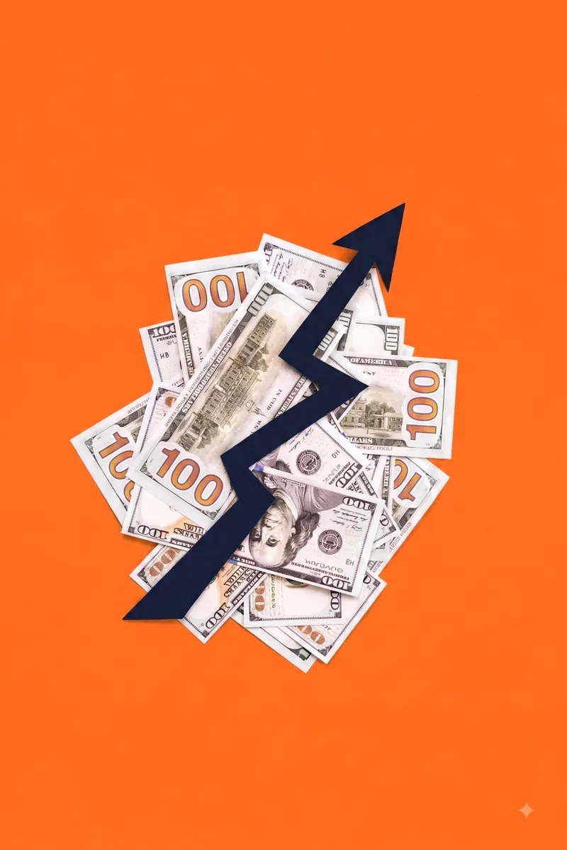 An illustration: a spread of banknotes with a bold arrow rising steeply out of them