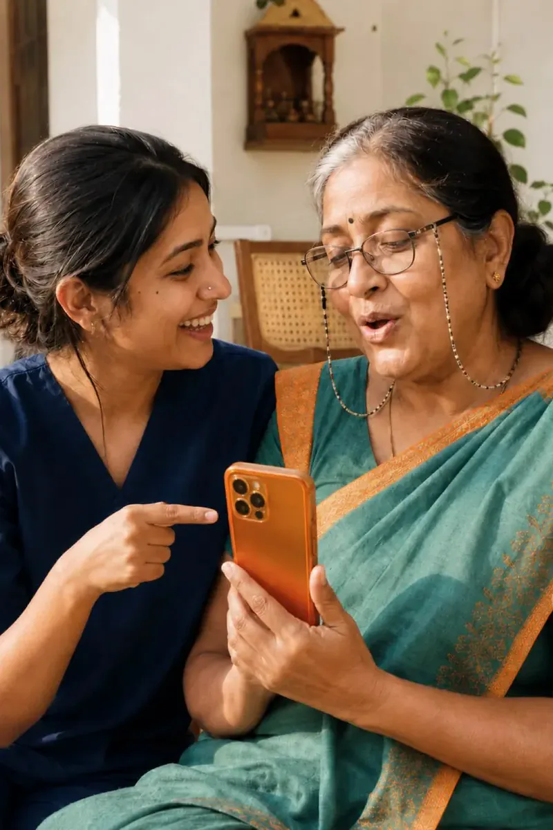 A daughter in scrubs shows her mother a phrase on her phone at home