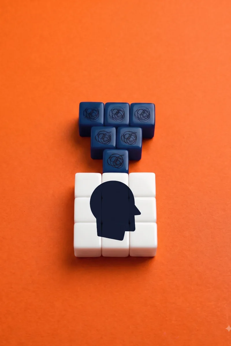 An illustration: a head in profile built from white blocks, with tangled scribbles on the blocks stacked above it