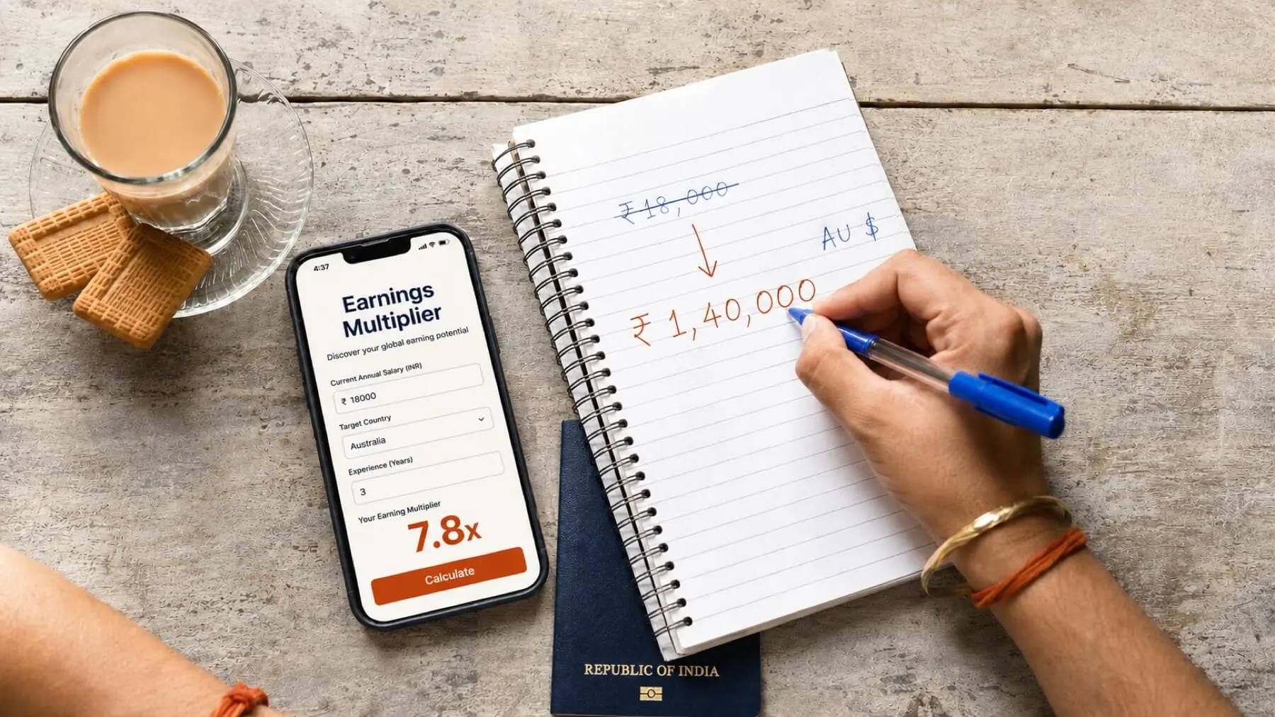 A glass of chai, a phone, and a notebook where ₹18,000 is crossed out and ₹1,40,000 written, an Indian passport underneath