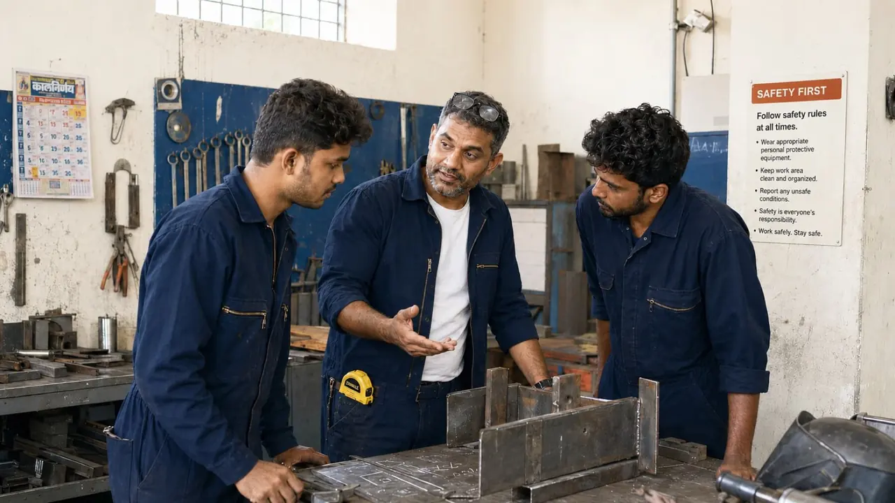 A supervisor talks two trainees through a weld fixture in a workshop