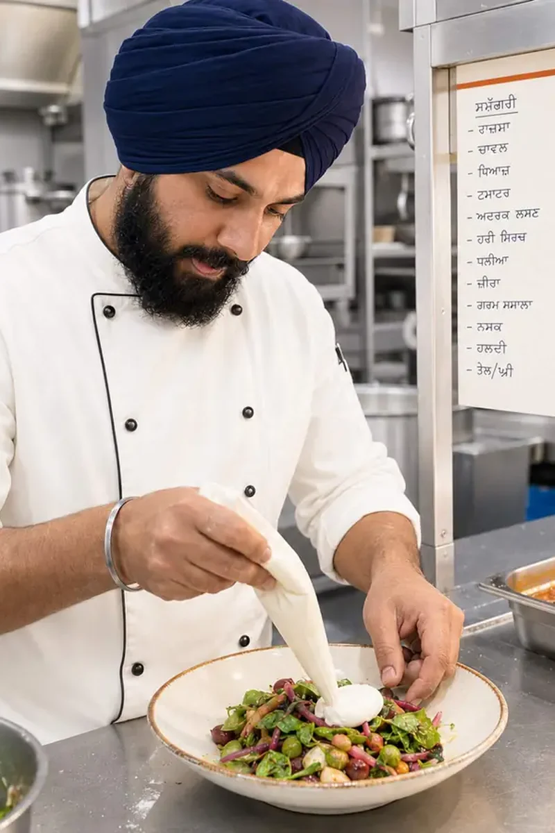 A chef in whites plates a dish in a commercial kitchen